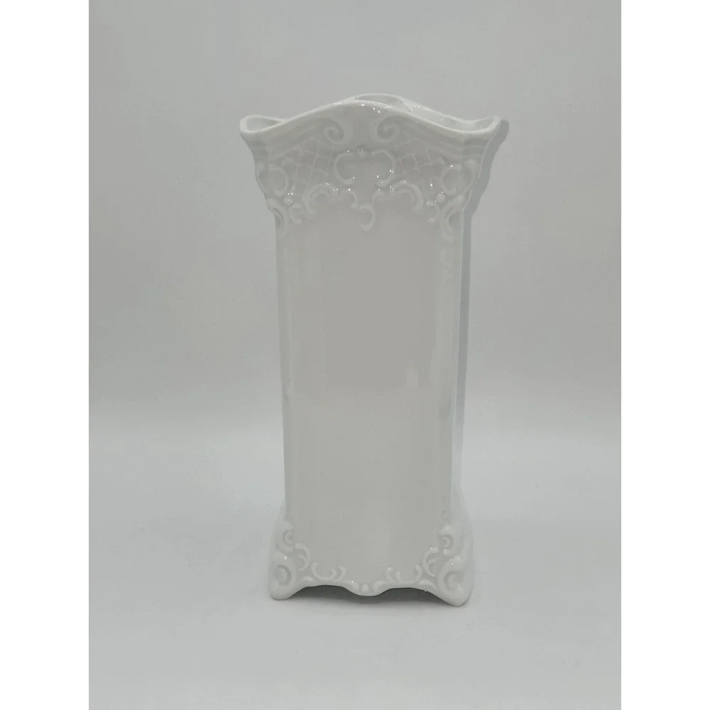 Vintage Brazilian White Porcelain Rectangular Vase Embossed Scrollwork 7.75